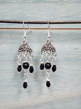Enchanting Chandelier Earrings with Black Glass Beads